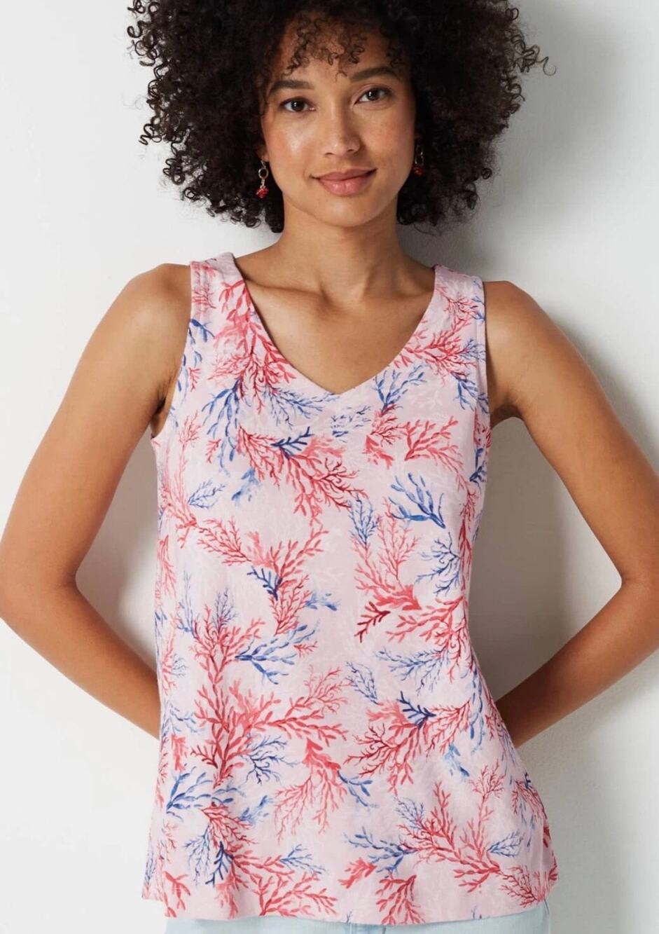 J. Jill Perfect Pima Rounded V-Neck Tank Womens SP Coral Reef Ocean Print Top